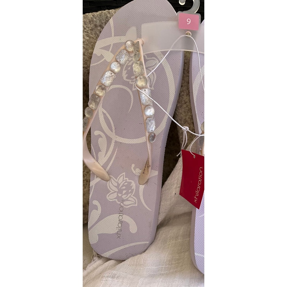 NOS Beach Flip-Flops w/ Iridescent Beads LILAC + White 9